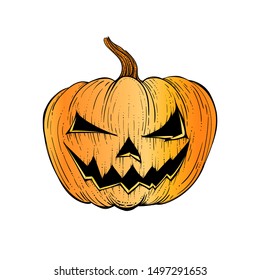 Pumpkin. Vector illustration for Halloween or all saints ' day. A monster of a pumpkin, souvenir. Sticker or print for holiday. Printing on Souvenirs. Tattoo