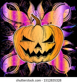 Pumpkin. Vector illustration for Halloween or all saints ' day. A monster of a pumpkin, souvenir. Sticker or print for holiday. Printing on Souvenirs. Tattoo. Poster, holiday decoration