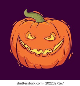 Pumpkin vector illustration. Happy Halloween, poster with pumpkin, party poster with large evil pumpkin, isolated illustration. Evil face. Bright card.  Vector illustration.