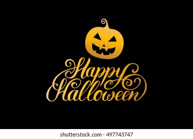 Pumpkin vector illustration with Happy Halloween lettering. All Saints' Eve background. festive logo design.