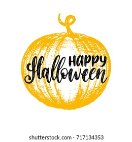 Pumpkin vector illustration with Happy Halloween lettering for party invitation card, poster. All Saints' Eve background.