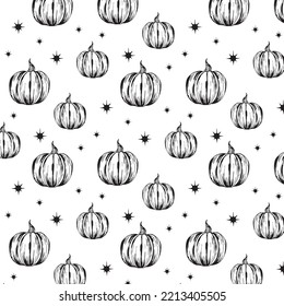 Pumpkin vector illustration isolated on white backdrop, hand drawn engraved vintage sketch, pattern for restaurant menu, symbol autumn holiday, wallpaper, textile, package design