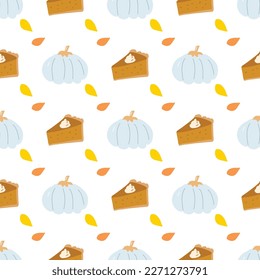 Pumpkin vector pattern. Autumn fall farmhouse seamless background. Thanksgiving grey pumpkin with pie and leaves