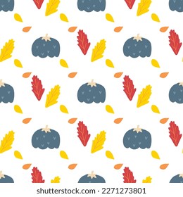 Pumpkin vector pattern. Autumn fall farmhouse seamless background. Thanksgiving blue pumpkin with red, orange, yellow leaves