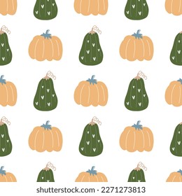 Pumpkin vector pattern. Autumn fall farmhouse seamless background. Thanksgiving green and yellow pumpkin