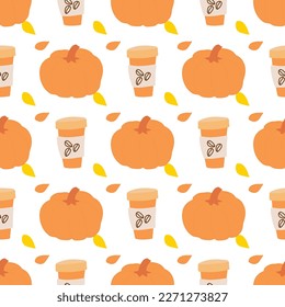 Pumpkin vector pattern. Autumn fall farmhouse seamless background. Thanksgiving orange pumpkin with coffee cup