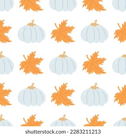 Pumpkin vector pattern. Autumn fall farmhouse seamless background. Thanksgiving white pumpkin with orange maple leaves