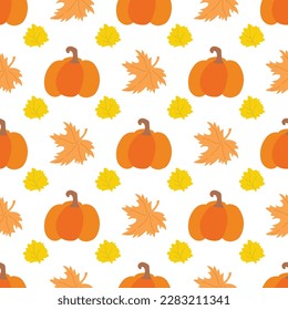 Pumpkin vector pattern. Autumn fall farmhouse seamless background. Thanksgiving yellow pumpkin with orange maple and yellow leaves