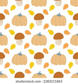 Pumpkin vector pattern. Autumn fall farmhouse seamless background. Thanksgiving yellow pumpkin with forest mushroom