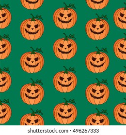 Pumpkin vector pattern. Texture on green background. Doodle illustration. Halloween object. Holiday party. Cloth, print, design, icon, logo, poster, textile, paper, card, magic, poster, decor. Eps10