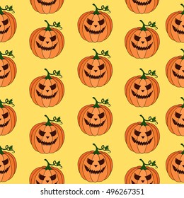 Pumpkin vector pattern. Texture on yellow background. Doodle illustration. Halloween object. Holiday party. Cloth, print, design, icon, logo, poster, textile, paper, card, magic, poster, decor. Eps10