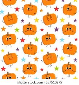 Pumpkin, vector seamless pattern with cute vegetable characters and colorful stars isolated on white