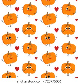 Pumpkin, vector seamless pattern with cute vegetable characters isolated on white with hearts