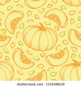 Pumpkin vector seamless pattern. Hand drawn objects with sliced piece of pumpkin and seeds. Vegetable doodle style illustration. Detailed vegetarian food sketch background. Farm market product.