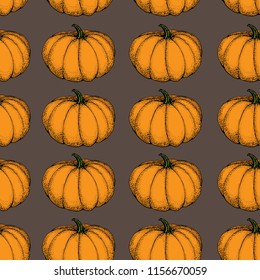 Pumpkin vector seamless pattern. Hand drawn objects isolated on orange. Vegetable cartoon style illustration. Detailed vegetarian food sketch background. Farm market product.