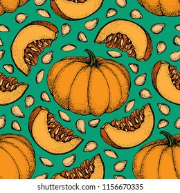 Pumpkin vector seamless pattern. Hand drawn objects with sliced piece of pumpkin and seeds. Vegetable cartoon style illustration. Detailed vegetarian food sketch background. Farm market product.