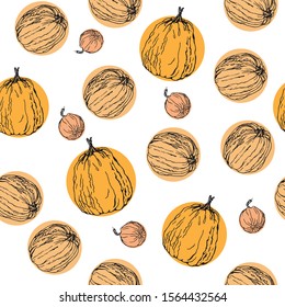 Pumpkin. Vector seamless pattern. Hand drawn vector illustration. Repeated background texture for fabric, textile, wrapping paper, wallpaper surface design