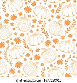 Pumpkin vector seamless pattern, hand drawn squash sketch isolated on white background