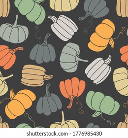 Pumpkin vector seamless pattern, hand drawn sketch on dark background. Halloween, Thanksgiving cartoon. For wrapping paper, street festival, farmers market, country fair, shop, menu, cafe, restaurant