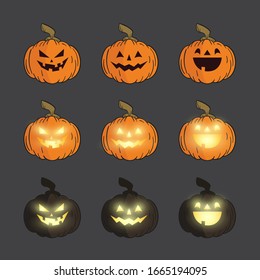 conjunto vectorial de calabaza con diferentes expresiones faciales