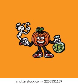 pumpkin vector smoking joint hold nug weed cartoon