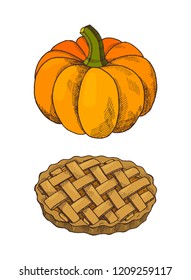 Pumpkin vegetable and baked pie isolated icons set vector. Traditional meal cooked on thanksgiving day, celebration plates and symbols of holiday