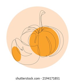 Pumpkin vegetable in continuous line with colorful geometric elements. Pumpkin minimalist black linear sketch  with color spots isolated on white background. Vector one line