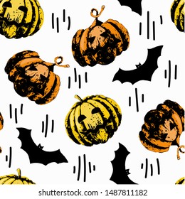 Pumpkin vegetable with face and bat for Halloween holiday decor. Vector seamless pattern. Hand draw illustration for design of print, wall, banner, template, card, greeting, invitation, wallpaper