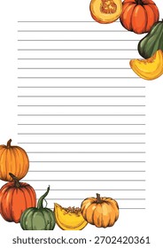 Pumpkin vegetable Fall and Autumn Element. Pumpkins Color Hand Drawn Illustration. Thanksgiving design elements.