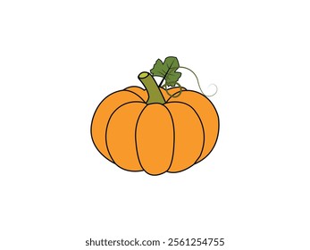 Pumpkin vegetable. Orange round-shaped squash. Autumn harvest. Halloween veggie. October holiday food icon. Seasonal healthy natural fall fruit. Flat vector illustration isolated on white background