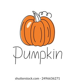 Pumpkin, vegetable. Outline drawing, doodle, color. Harvest, food. Autumn season. Halloween. Vector illustration. White isolated background.