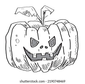 Pumpkin vegetable or plant fruit with eyes, mouth and teeth, which is Halloween object. Vector hand drawn illustration.