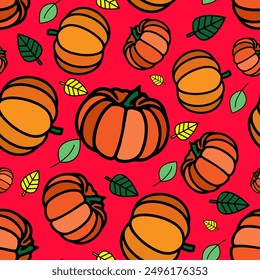 Pumpkin vegetable reversible print. Thanksgiving holiday event seamless pattern. Autumn-themed repeat print. Fall harvest wallpapers, digital paper.