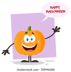 Pumpkin Vegetables Cartoon Emoji Character Waving.  Vector Illustration Flat Design Isolated On White Background With Speech Bubble And Text Happy Halloween