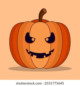 The pumpkin is a vibrant orange color, with clearly defined. A simple, slightly sinister face is carved into the pumpkin. Two large, dark circles represent the eyes, smile is visible in the center.