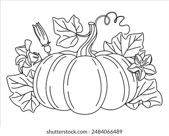 Pumpkin with vines and leaves coloring page. Fall floral arrangement with pumpkin, flower, and leaves. Hand drawn doodle style Isolated. line art Seasonal harvest Cucurbita plant. Vector illustration