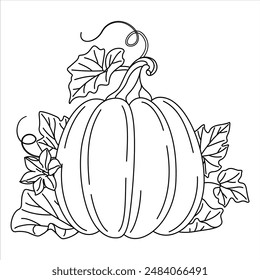 Pumpkin with vines and leaves coloring page. Fall floral arrangement with pumpkin, flower, and leaves. Hand drawn doodle style Isolated. line art Seasonal harvest Cucurbita plant. Vector illustration