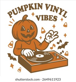 Pumpkin Vinyl Vibes - Trending Spooky Halloween T-shirt Vector, Season Of The Witch Illustration, Scary Holiday Quotes