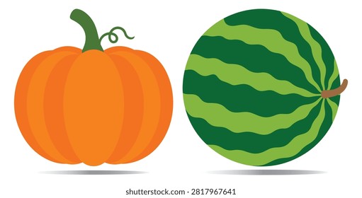 Pumpkin and Watermelon Vector Illustration Fresh Harvest Fruits Collection.