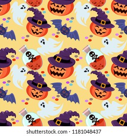 Pumpkin wear witch hat with bat and white ghost seamless pattern.