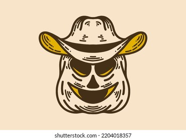 Pumpkin wearing a cowboy hat vintage retro line art design