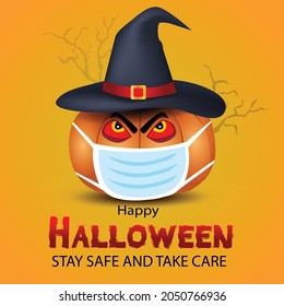 pumpkin wearing devil hat. happy Halloween covid-19 concept. vector illustration	