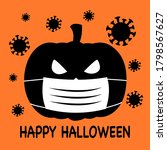 Pumpkin wearing medical face mask with virus cells around in flat design. Halloween festival in Covid-19 Coronavirus outbreak concept vector illustration.