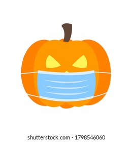 Pumpkin wearing medical face mask in flat design. Halloween festival in Covid-19 Coronavirus outbreak concept vector illustration on white background.