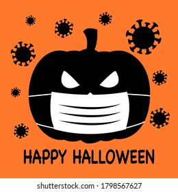 Pumpkin wearing medical face mask with virus cells around in flat design. Halloween festival in Covid-19 Coronavirus outbreak concept vector illustration.