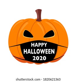 Pumpkin wearing medical face mask in flat design. Happy Halloween 2020 festival in Covid-19 Coronavirus outbreak concept vector illustration on white background.