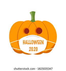 Pumpkin wearing medical face mask in flat design. Halloween festival in Covid-19 Coronavirus outbreak concept vector illustration on white background.