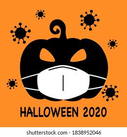 Pumpkin wearing medical face mask with virus cells around in flat design. Halloween festival in Covid-19 Coronavirus outbreak concept vector illustration.	