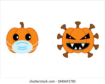 Pumpkin wearing medical face mask and pumpkin infected with the virus. Halloween festival in Covid-19 Coronavirus outbreak concept vector illustration.