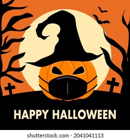 Pumpkin wearing medical mask with bats and the moon in flat design. Happy Halloween festival in covid19 pandemic concept vector illustration.